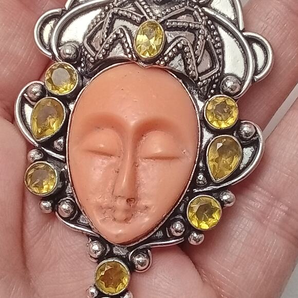 Sterling Silver Bali Goddess Pendant with Pink Carved Face and Citrine Gems - Picture 6 of 9
